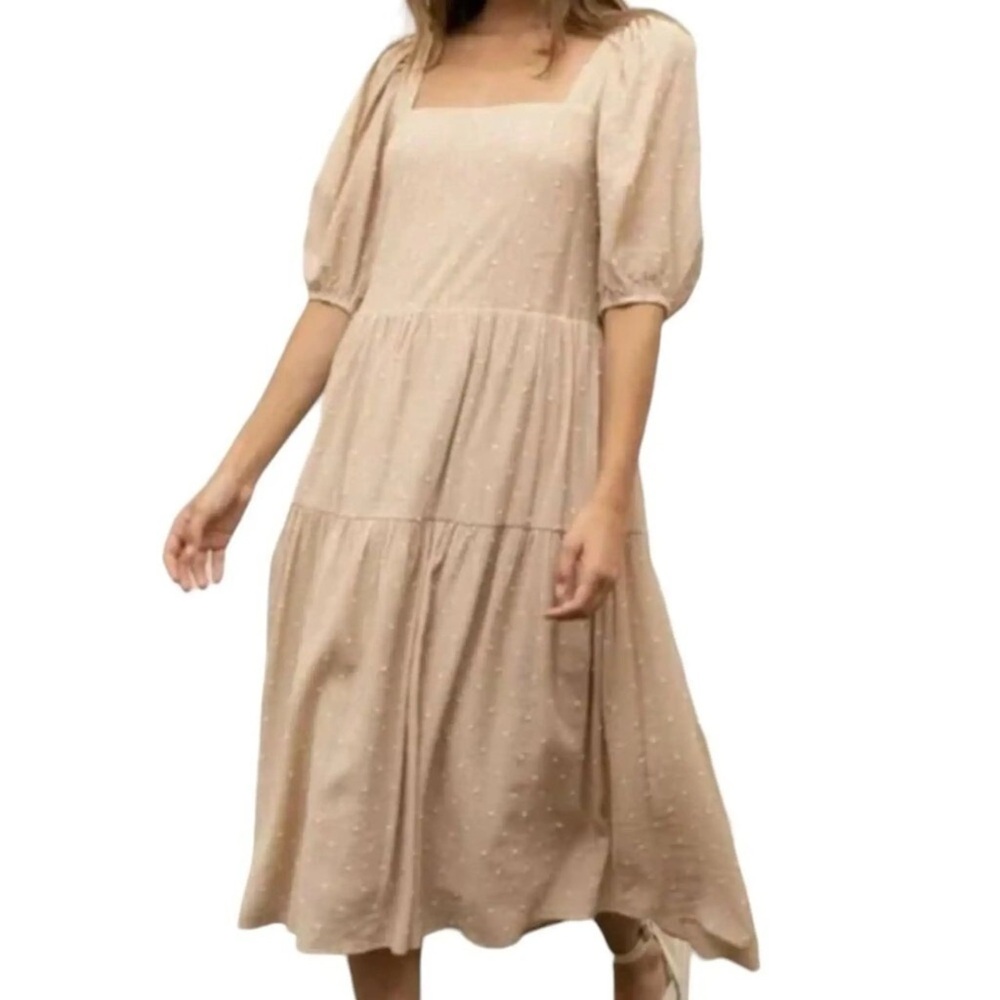 Moon River Cottagecore Puff Sleeves Open Back Drop Midi Tier Dress L Milkmaid